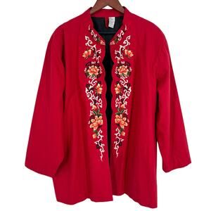 LOOK EAST Plus Size 3X LINEN BLEND Wearable Art Red Christmas Blouse Shirt Top